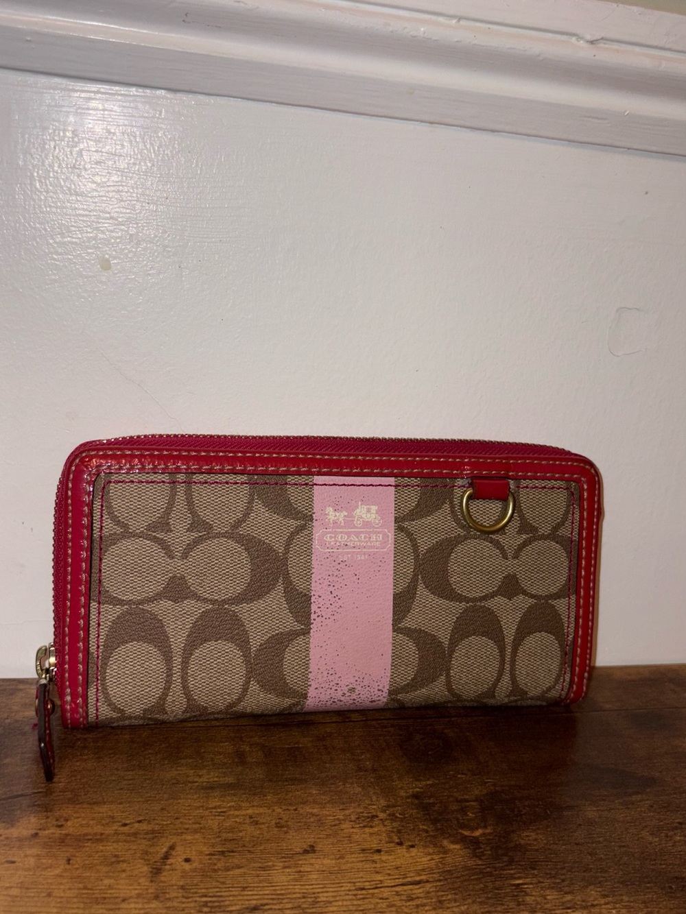 Coach Signature Stripe Accordion Zip Wallet – Khaki & Pink